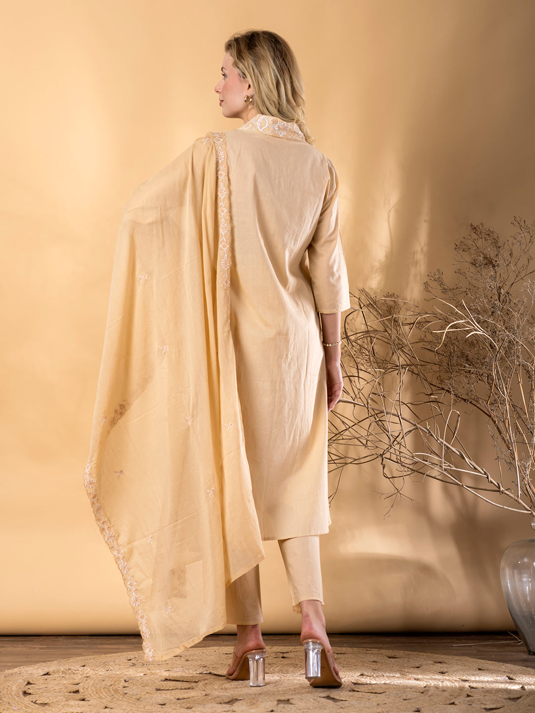 Women’s Beige Embroidered Cotton Kurta Set with Dupatta – Elegant Ethnic Wear