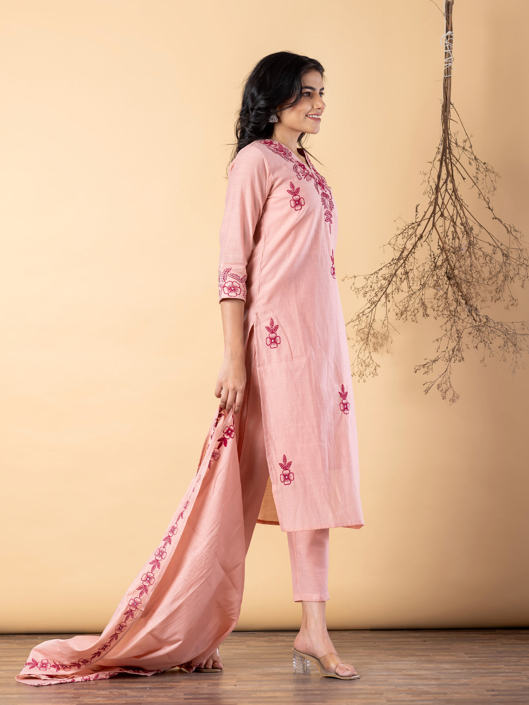 Women’s Peach Embroidered Kurta Set with Dupatta & Pants