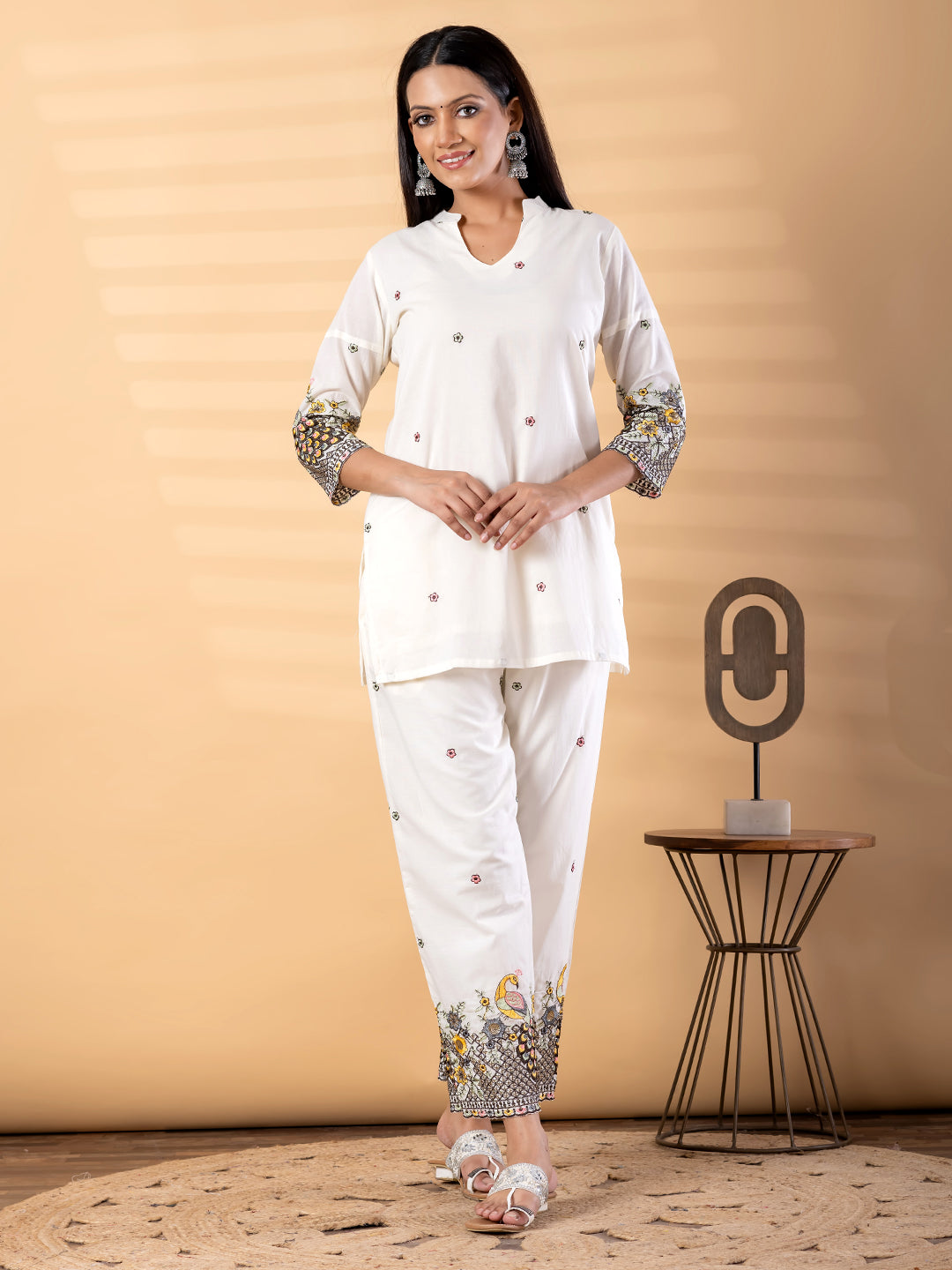 Women’s White Kurta Set with Embroidery & Printed Pants – Ethnic Wear