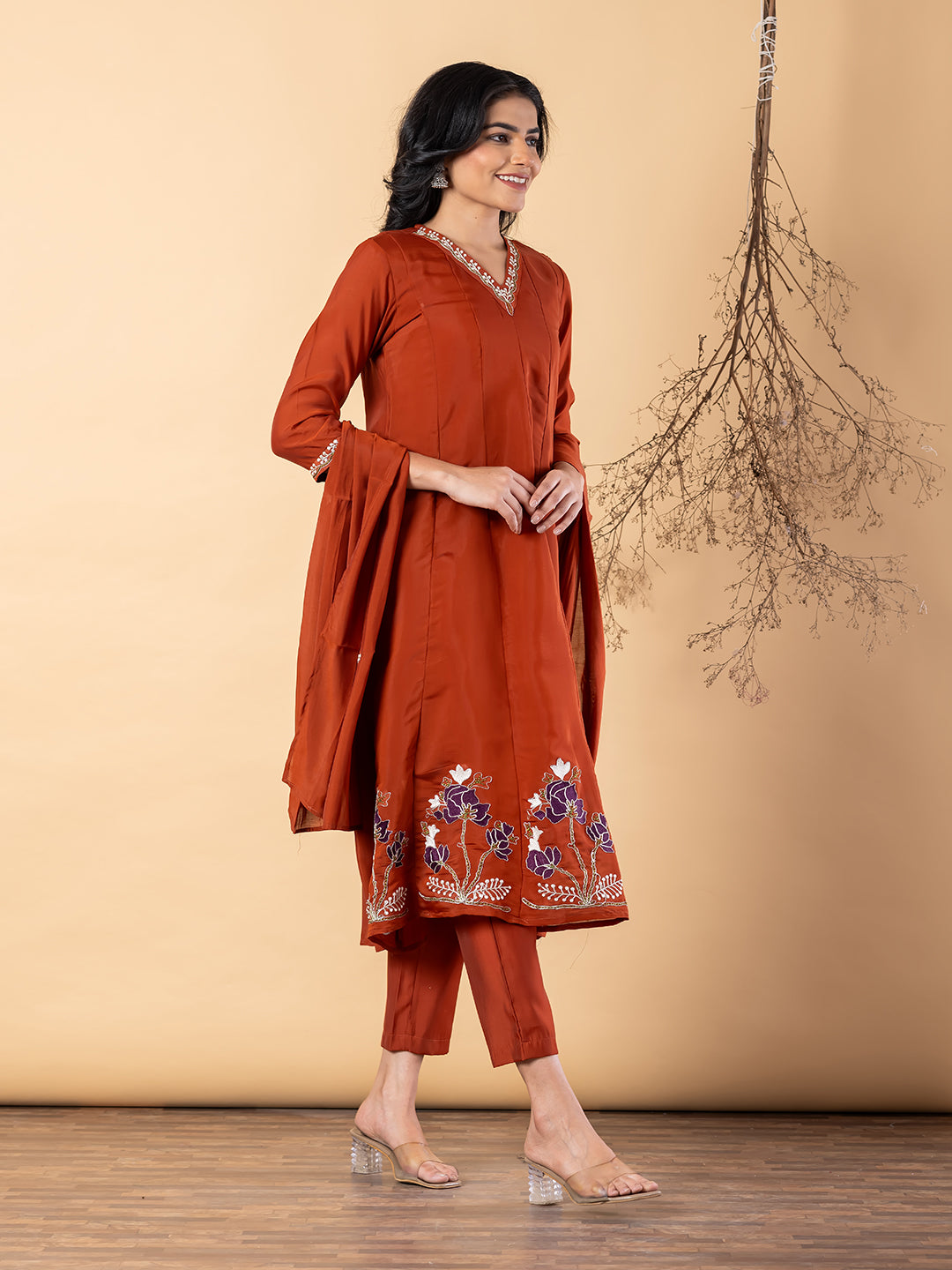 Elegant Rust Anarkali Suit with Floral Embroidery & Dupatta