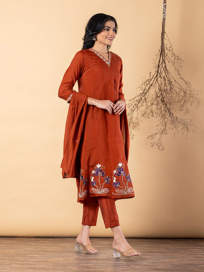 Elegant Rust Anarkali Suit with Floral Embroidery & Dupatta