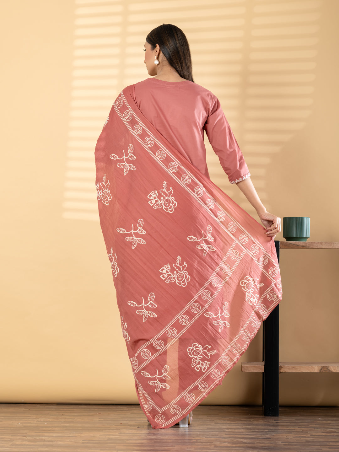 Dusty Rose Embroidered Kurta Set with Dupatta for Women