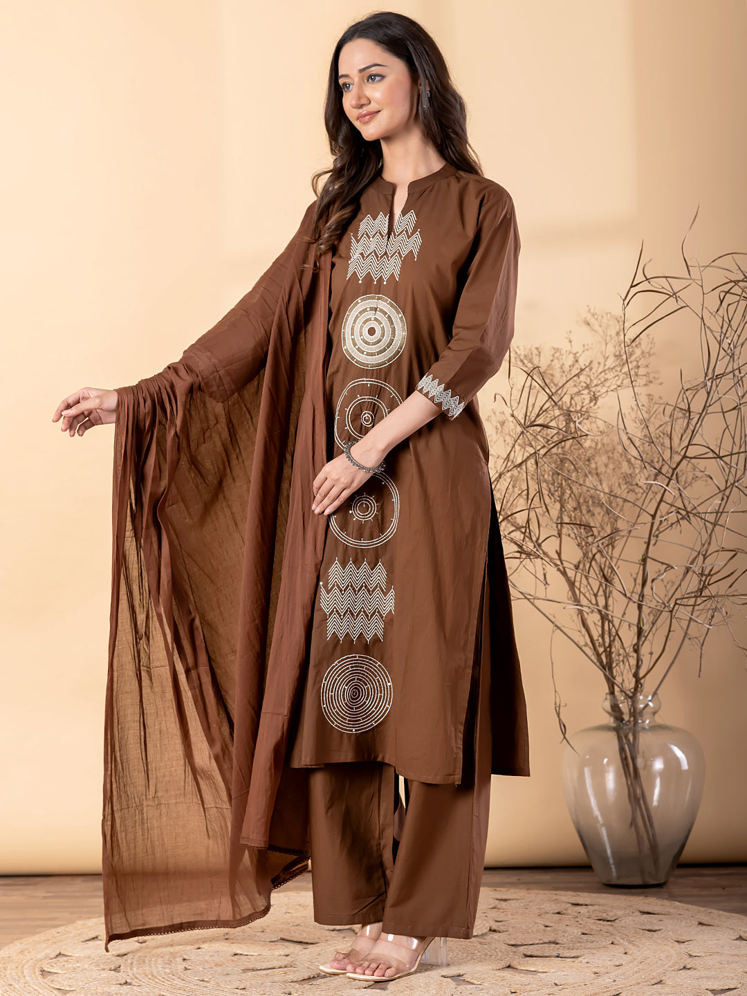Women’s Brown Kurta Set with Dupatta & Embroidery – Ethnic Wear