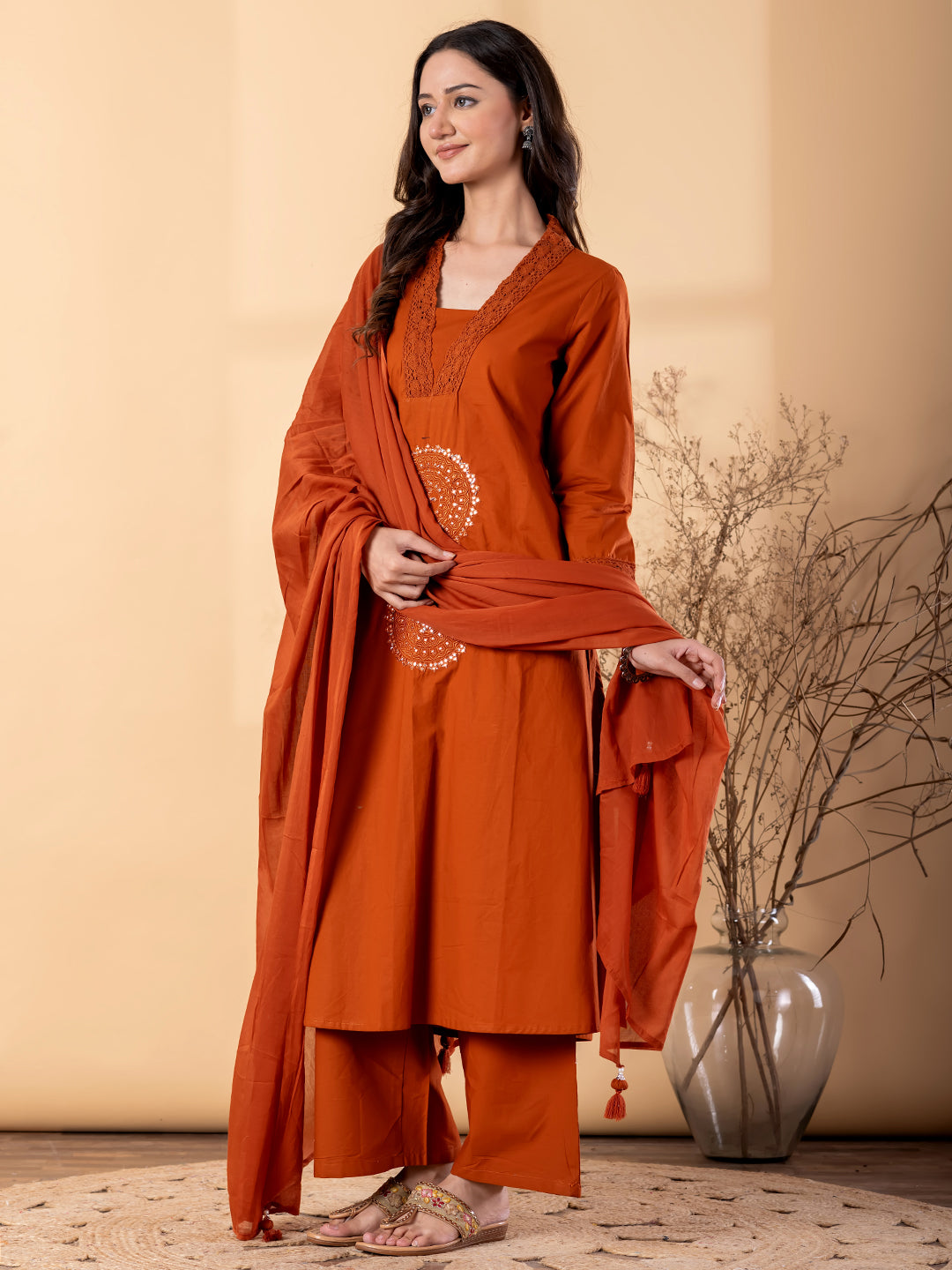 Women’s Rust Orange Kurta Set with Dupatta & Embroidery