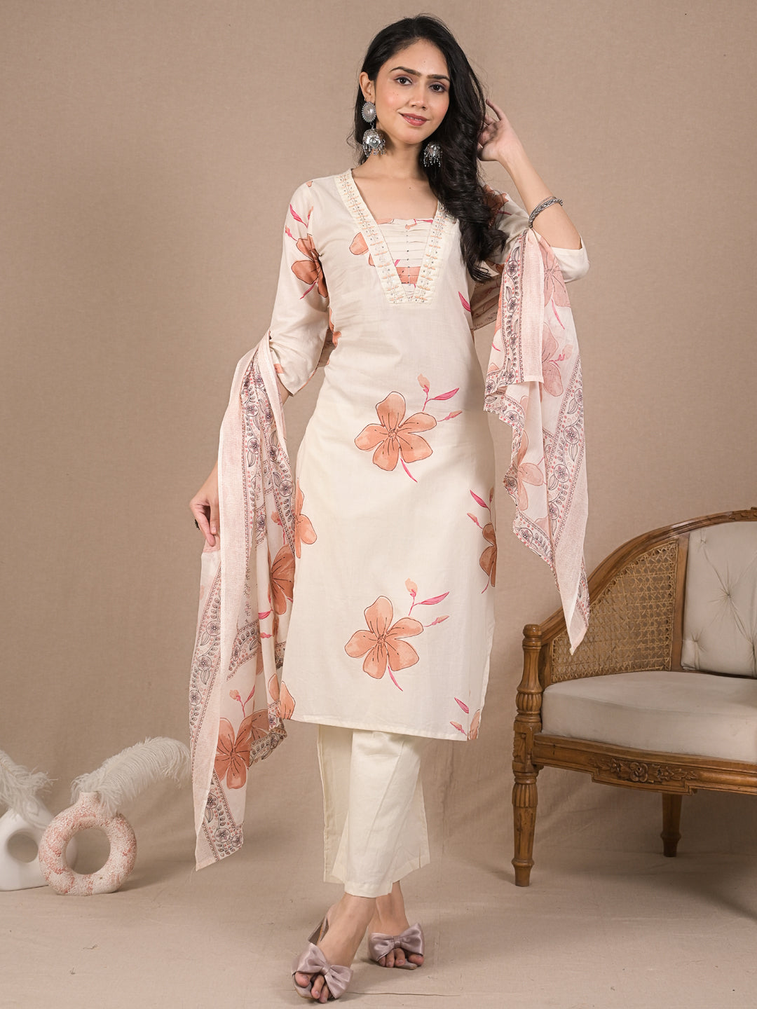 Women’s Ivory Floral Kurta Set with Dupatta | Cotton Ethnic Wear | Festive & Casual