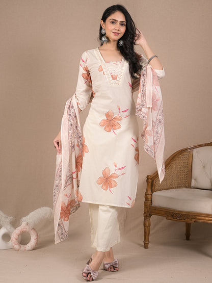 Women’s Ivory Floral Kurta Set with Dupatta | Cotton Ethnic Wear | Festive & Casual