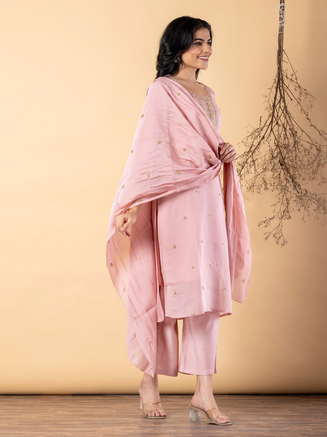 Women’s Pink Embellished Kurta Set with Dupatta & Pants