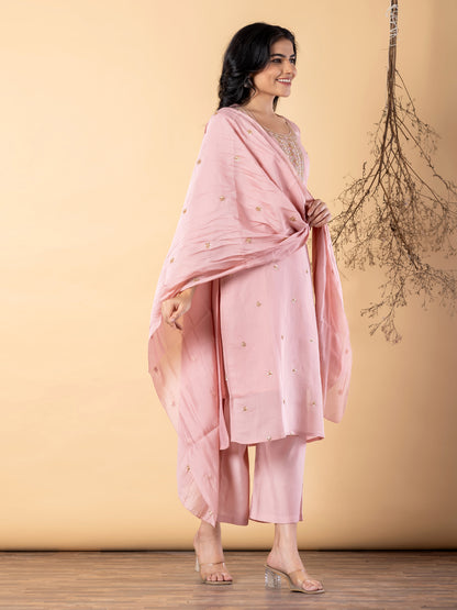 Women’s Pink Embellished Kurta Set with Dupatta & Pants
