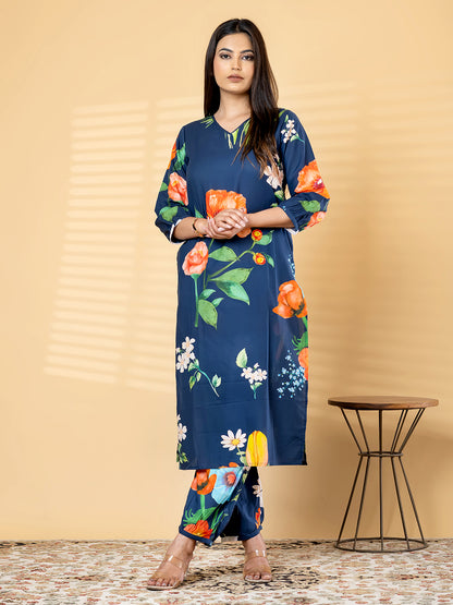 Women’s Navy Blue Floral Printed Kurta Set with Pants – Ethnic Wear