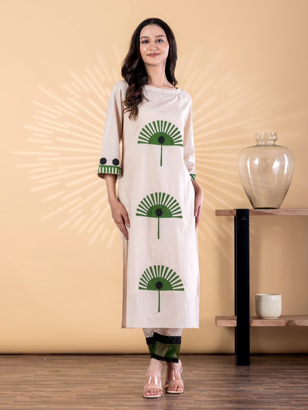 Beige Printed Kurta Pant Set for Women with Green Motif Design