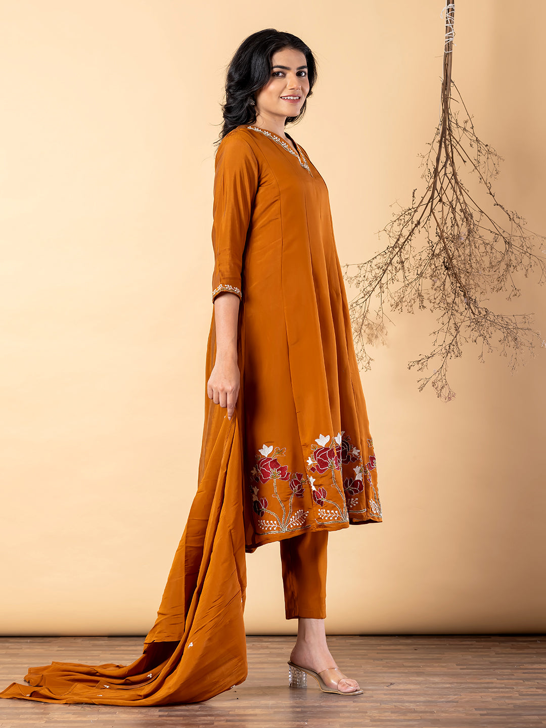 Women’s Mustard Kurta Set with Dupatta & Floral Embroidery
