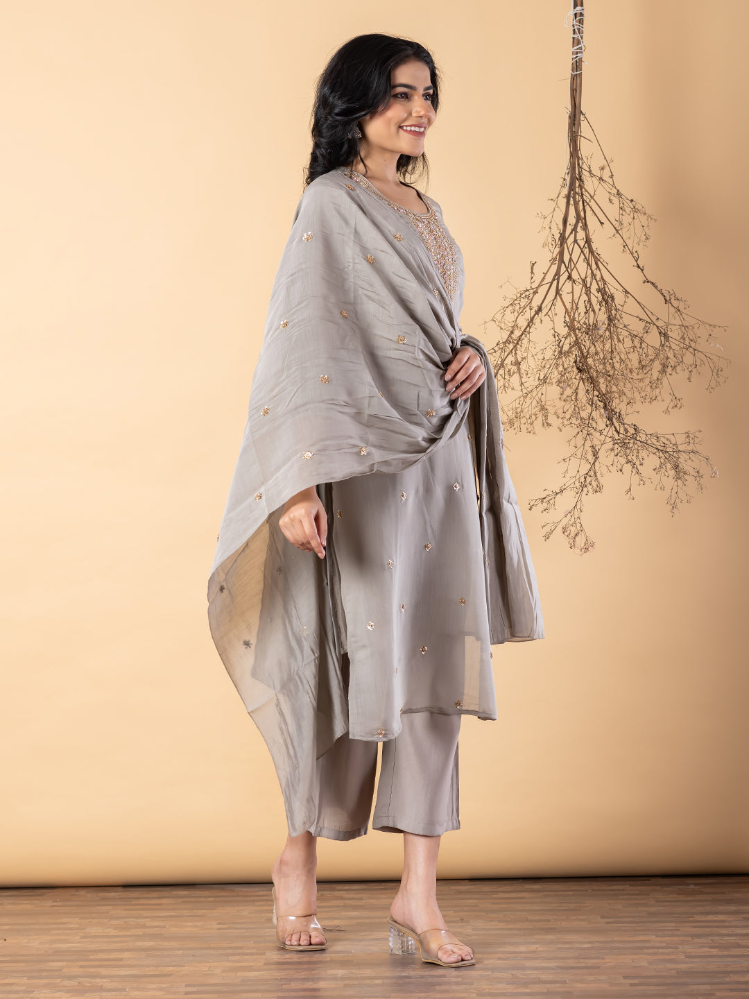 Women’s Grey Embroidered Kurta Set with Dupatta & Pants