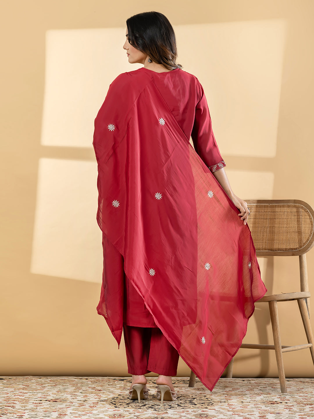 Women’s Red Embroidered Kurta Set with Dupatta & Pants