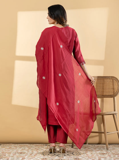 Women’s Red Embroidered Kurta Set with Dupatta & Pants