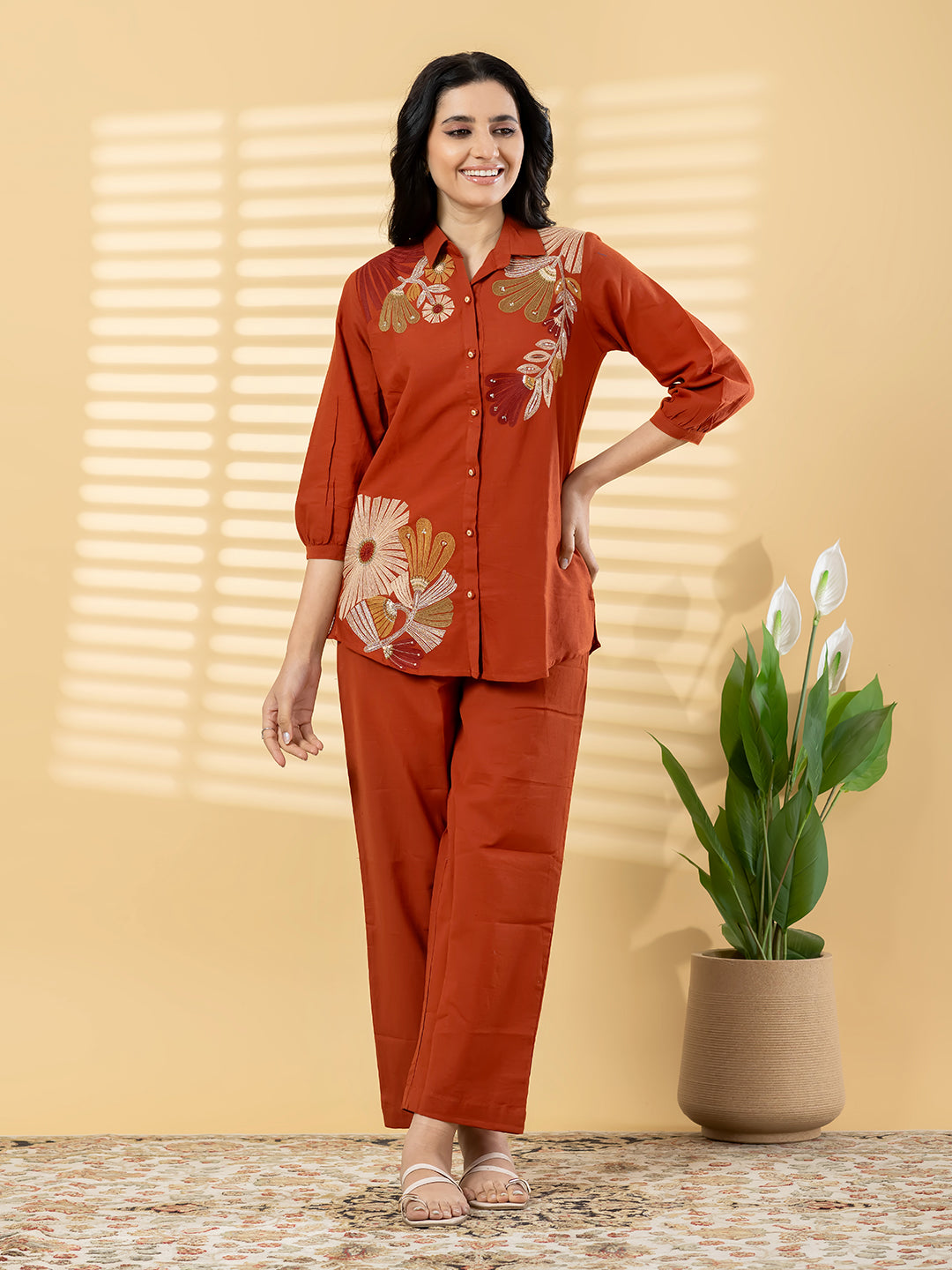 Rust Orange Embroidered Kurta Pant Set for Women with Floral Detailing