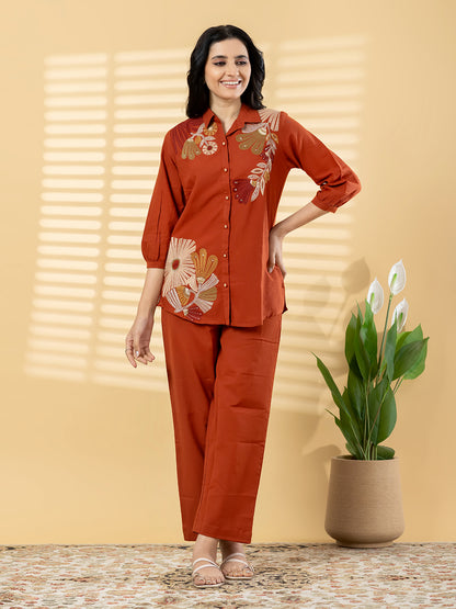 Rust Orange Embroidered Kurta Pant Set for Women with Floral Detailing