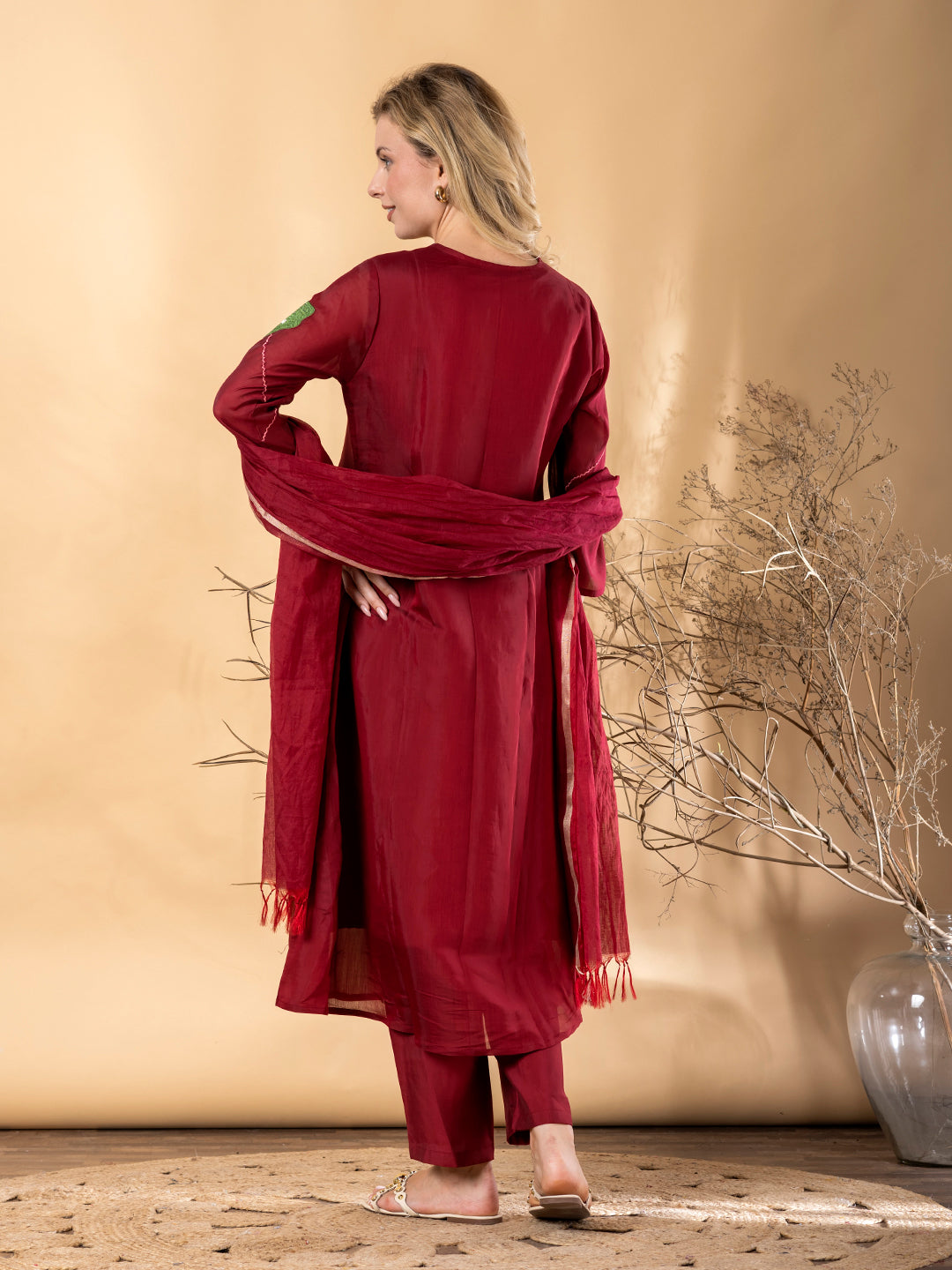 Women’s Maroon Kurta Set with Dupatta & Floral Appliqué Work