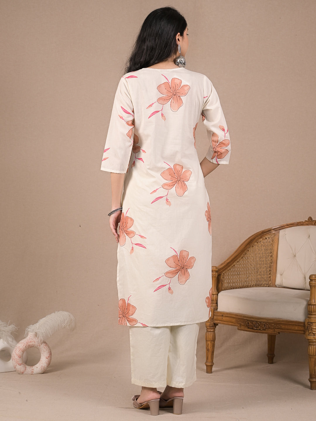 Women’s Ivory Floral Kurta Set with Dupatta | Cotton Ethnic Wear | Festive & Casual