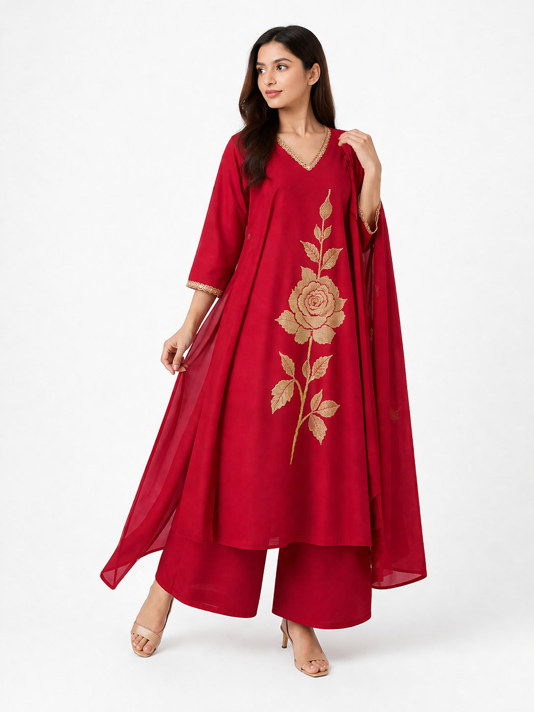 Elegant Red Floral Embroidered Kurta Palazzo Set with Dupatta for Women