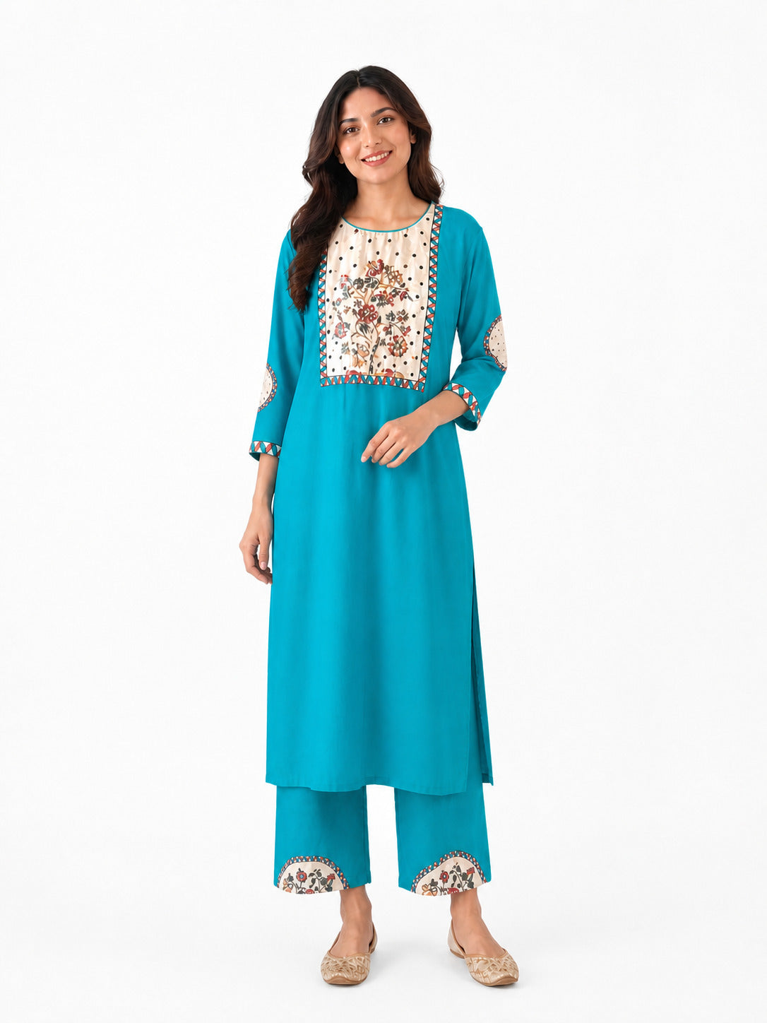 Women's Turquoise Blue Floral Yoke Kurta & Palazzo Co-Ord Set