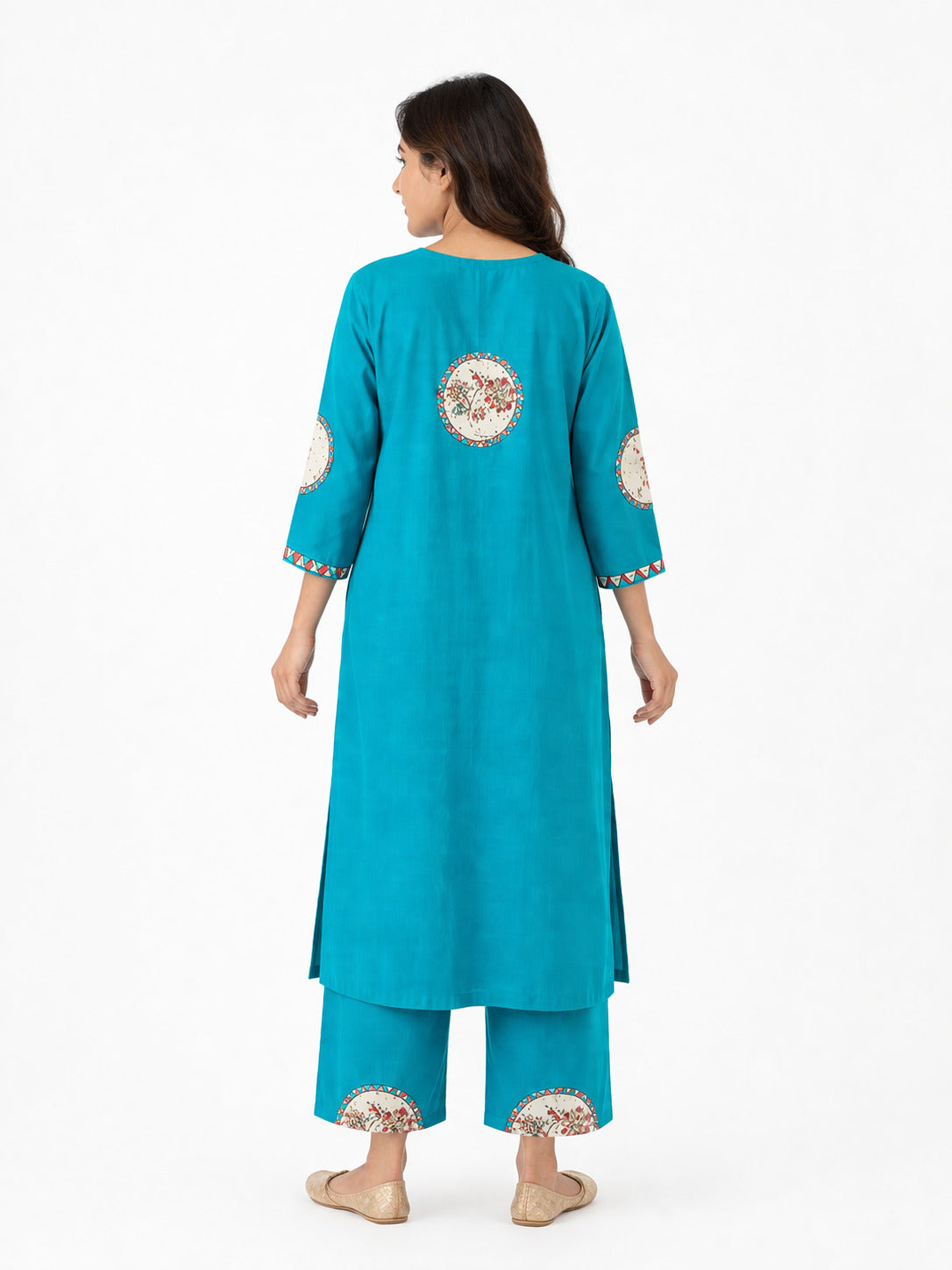 Women's Turquoise Blue Floral Yoke Kurta & Palazzo Co-Ord Set