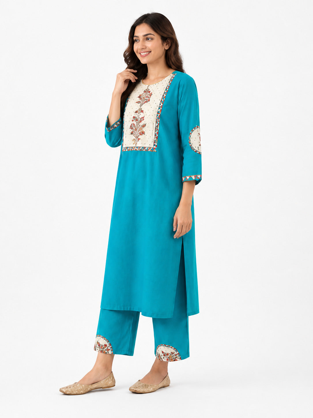 Women's Turquoise Blue Floral Yoke Kurta & Palazzo Co-Ord Set