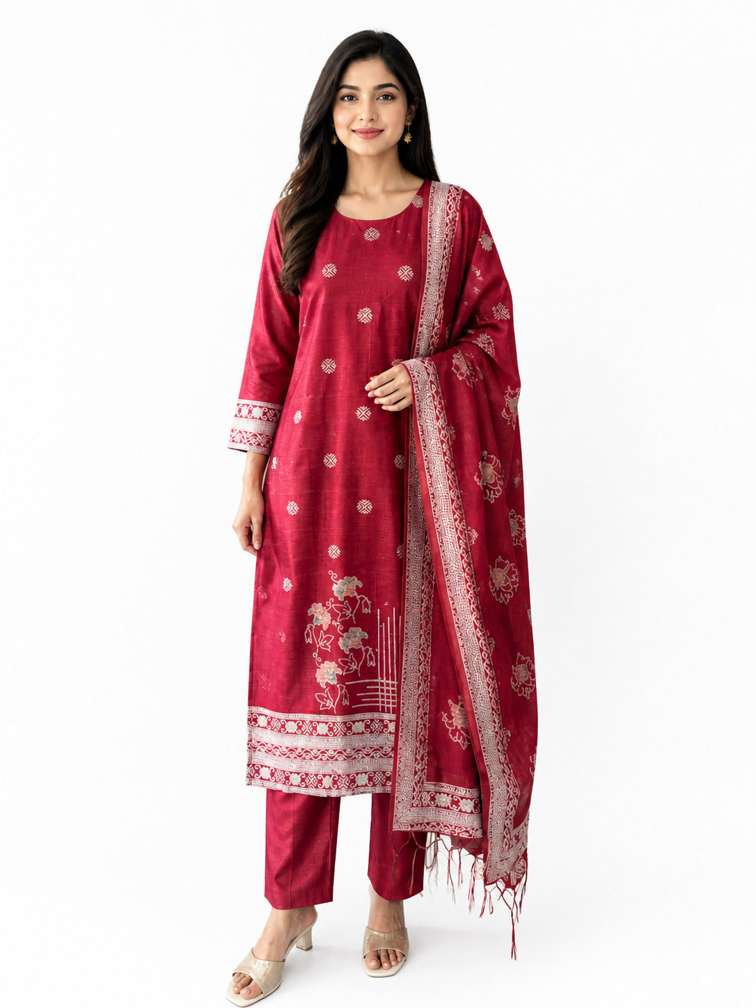 Women’s Maroon Woven Kurta Pant Set with Dupatta – Festive Ethnic Suit Set