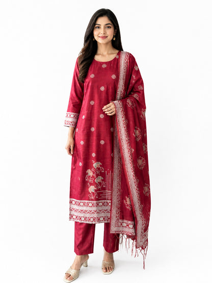 Women’s Maroon Woven Kurta Pant Set with Dupatta – Festive Ethnic Suit Set
