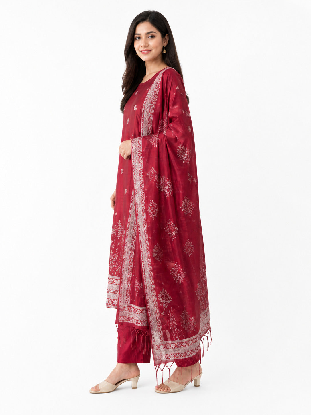 Women’s Maroon Woven Kurta Pant Set with Dupatta – Festive Ethnic Suit Set