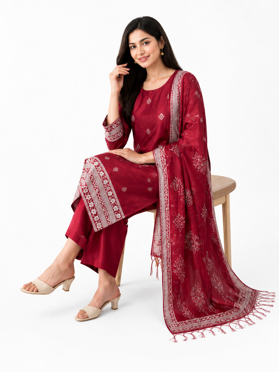 Women’s Maroon Woven Kurta Pant Set with Dupatta – Festive Ethnic Suit Set
