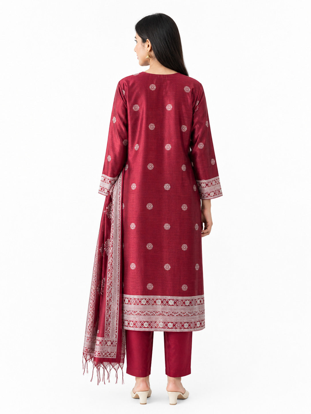 Women’s Maroon Woven Kurta Pant Set with Dupatta – Festive Ethnic Suit Set