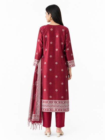 Women’s Maroon Woven Kurta Pant Set with Dupatta – Festive Ethnic Suit Set