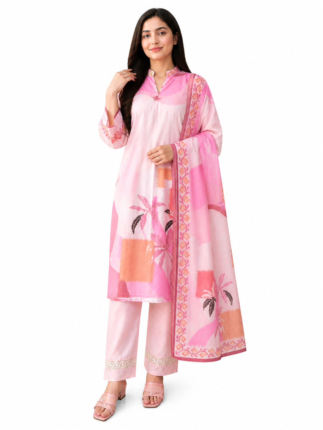 Women's Pink Tropical Print Lawn 3-Piece Unstitched Suit with Dupatta