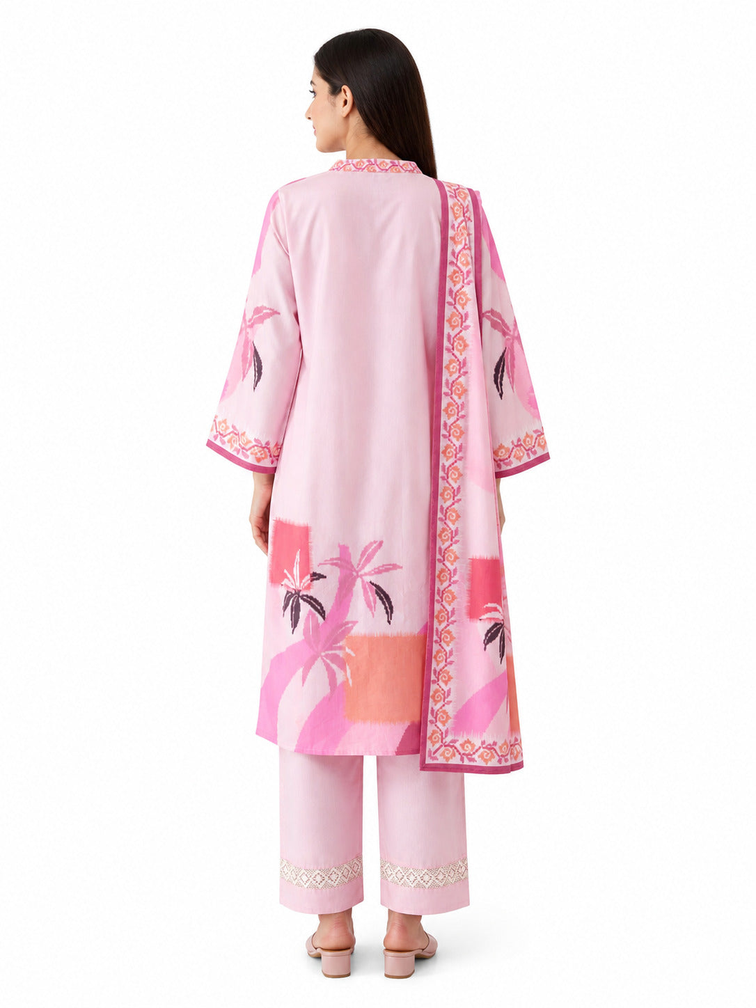 Women's Pink Tropical Print Lawn 3-Piece Unstitched Suit with Dupatta