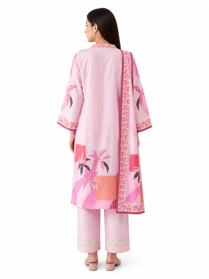 Women's Pink Tropical Print Lawn 3-Piece Unstitched Suit with Dupatta