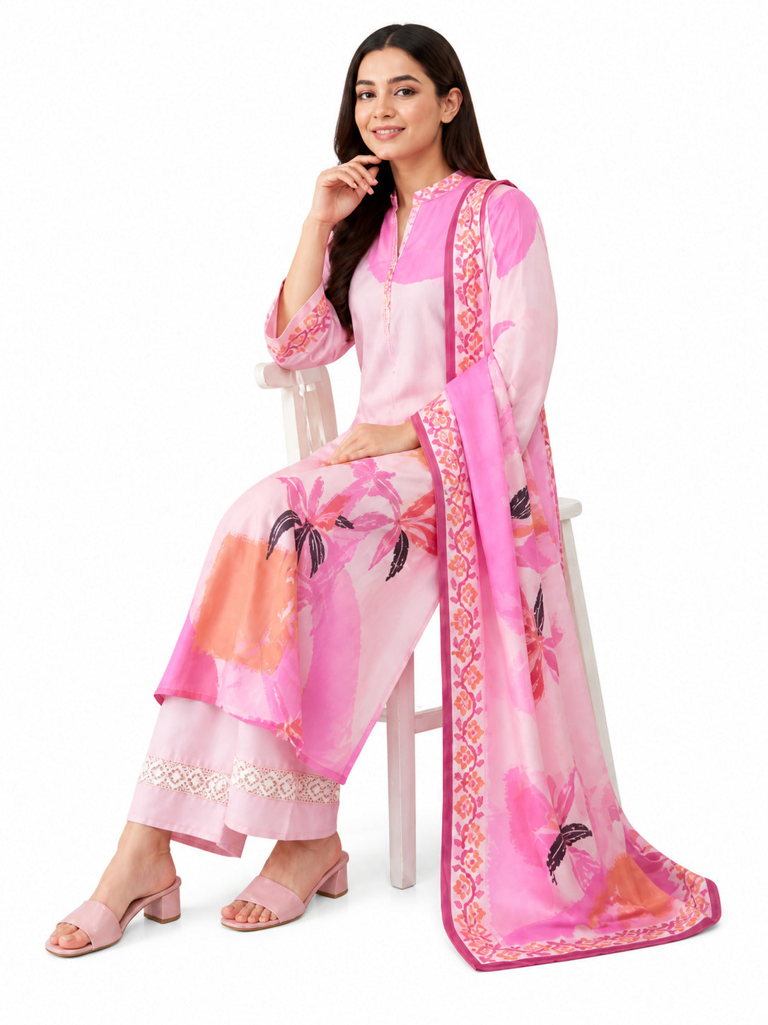 Women's Pink Tropical Print Lawn 3-Piece Unstitched Suit with Dupatta