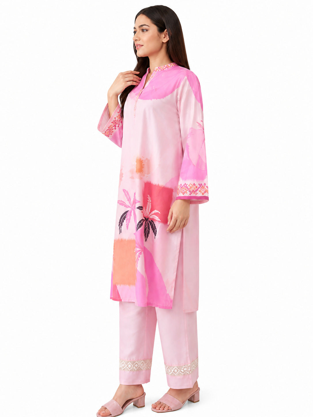 Women's Pink Tropical Print Lawn 3-Piece Unstitched Suit with Dupatta