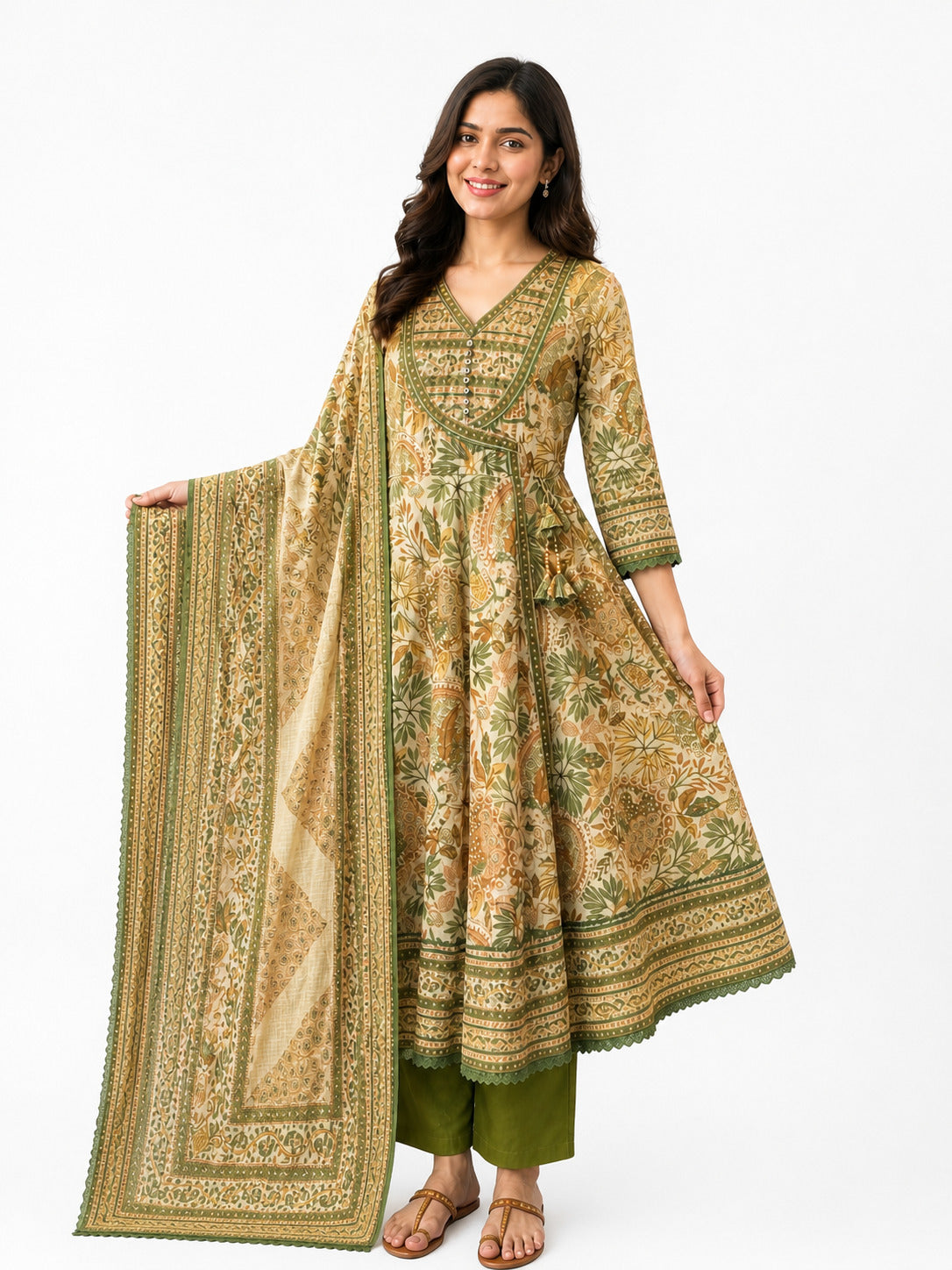 Women's Olive Green Floral Printed Anarkali Kurta Set with Dupatta