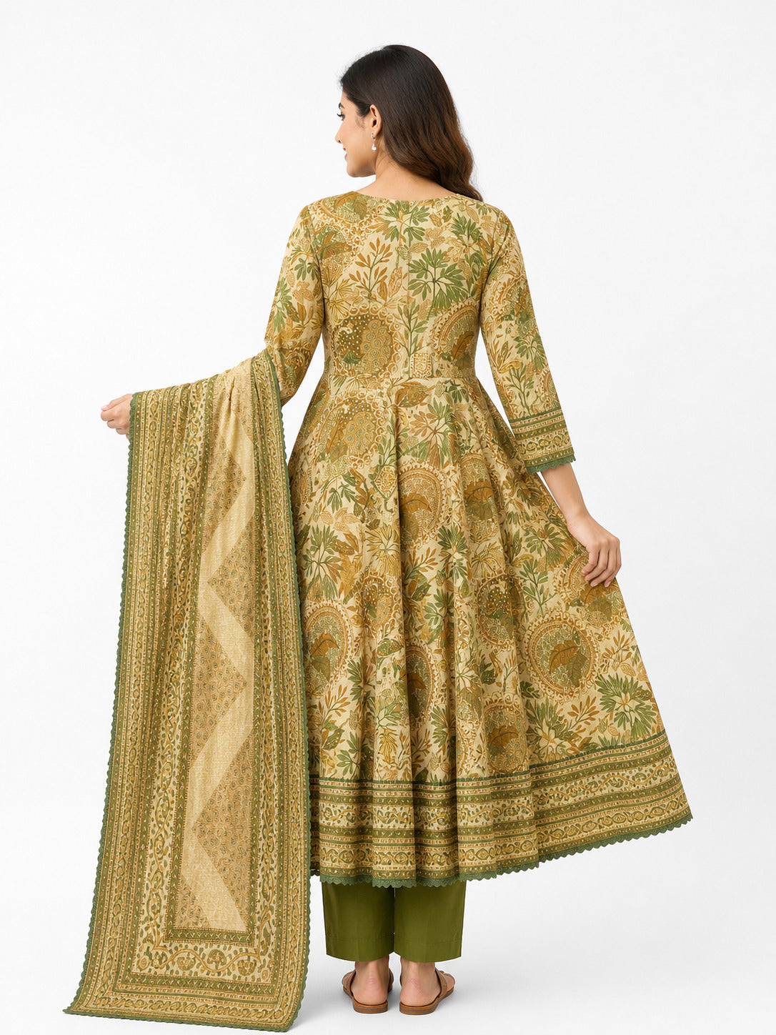 Women's Olive Green Floral Printed Anarkali Kurta Set with Dupatta