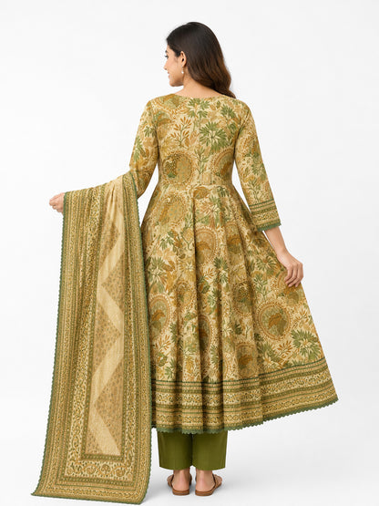 Women's Olive Green Floral Printed Anarkali Kurta Set with Dupatta