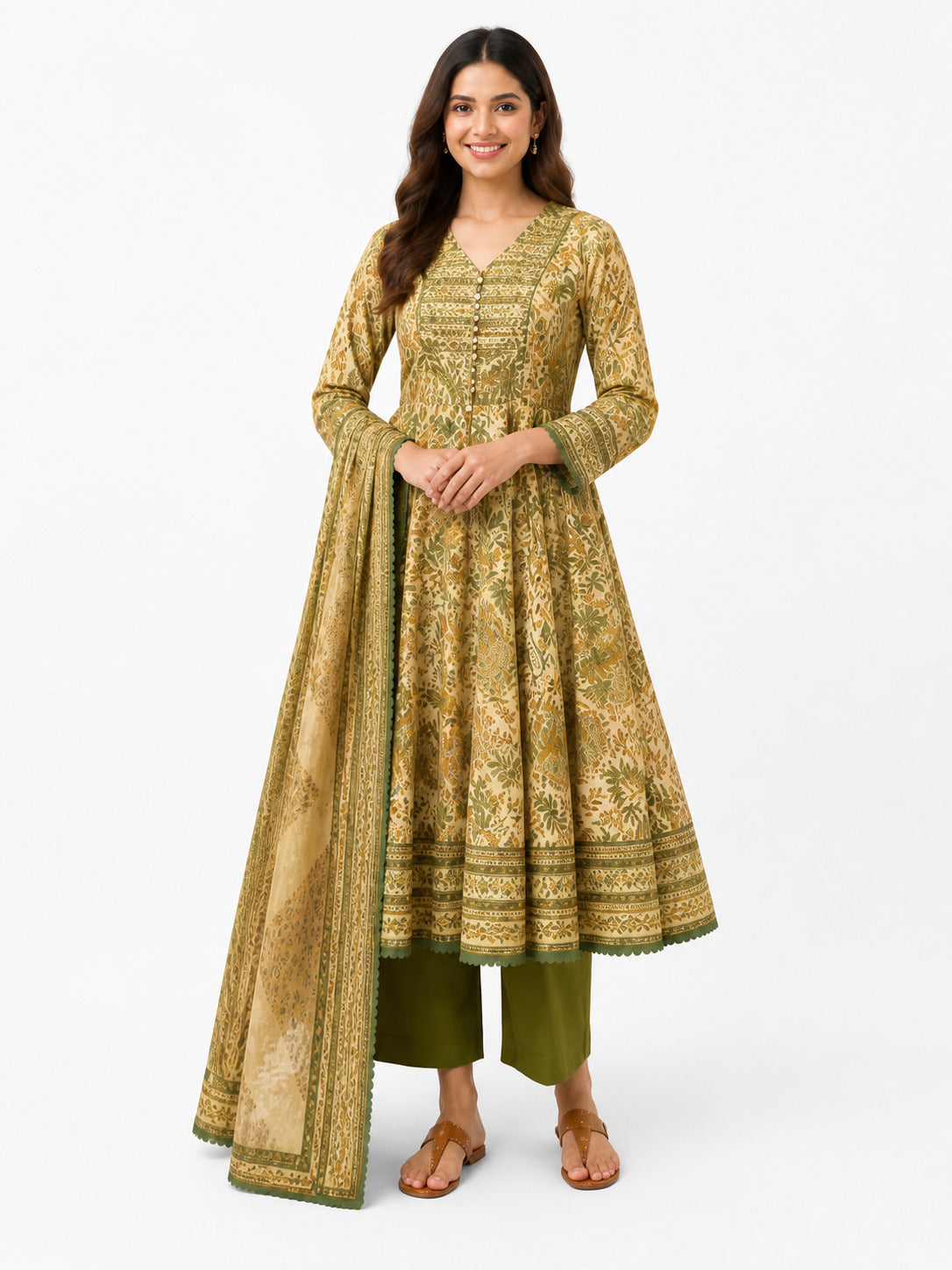 Women's Olive Green Floral Printed Anarkali Kurta Set with Dupatta