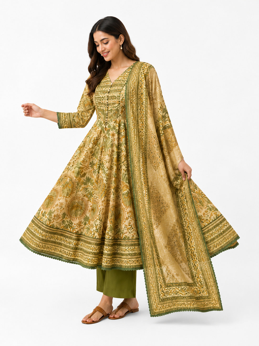 Women's Olive Green Floral Printed Anarkali Kurta Set with Dupatta