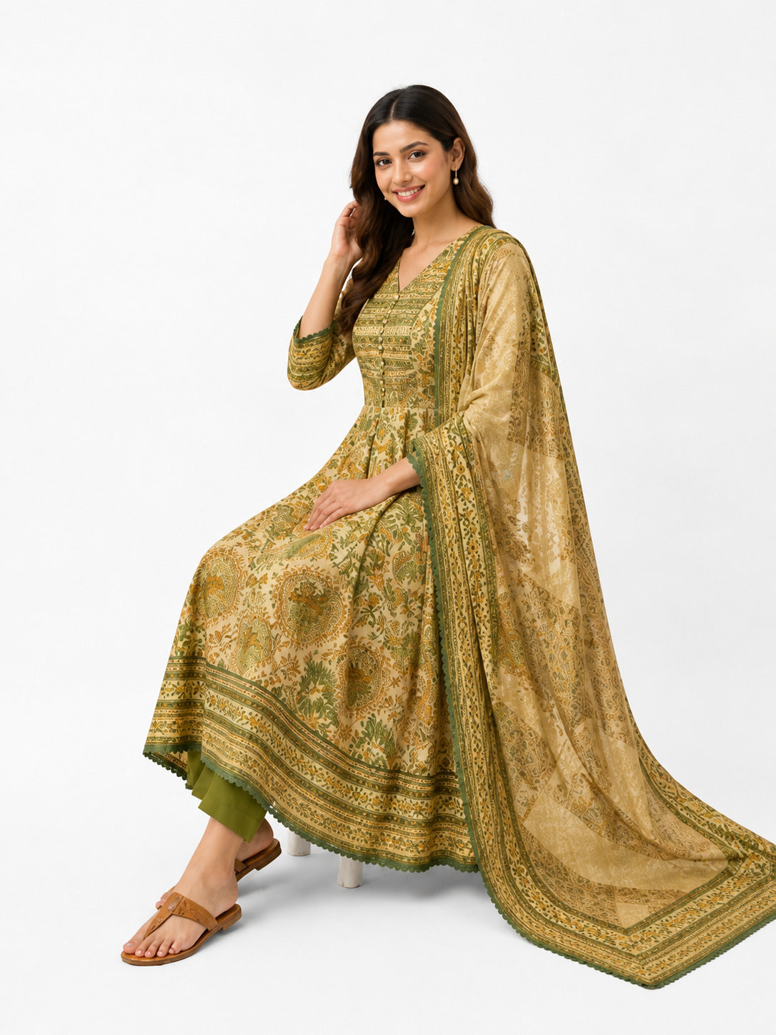 Women's Olive Green Floral Printed Anarkali Kurta Set with Dupatta