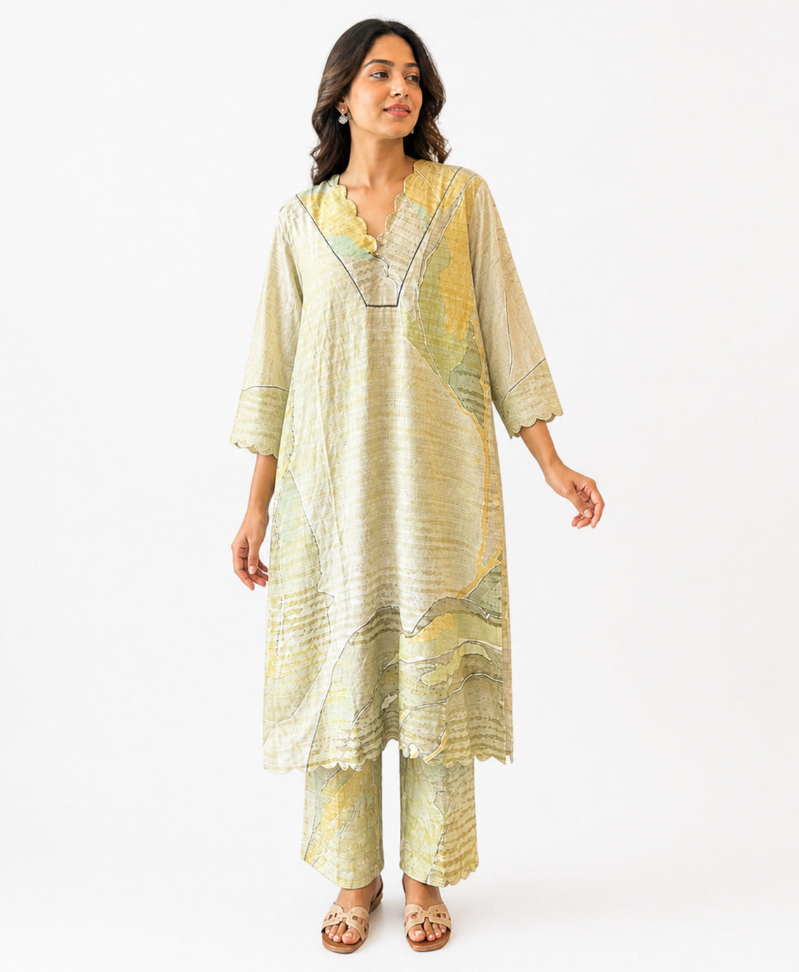 Elegant Pastel Printed Kurta Pant Set for Women – Scallop Neck Design