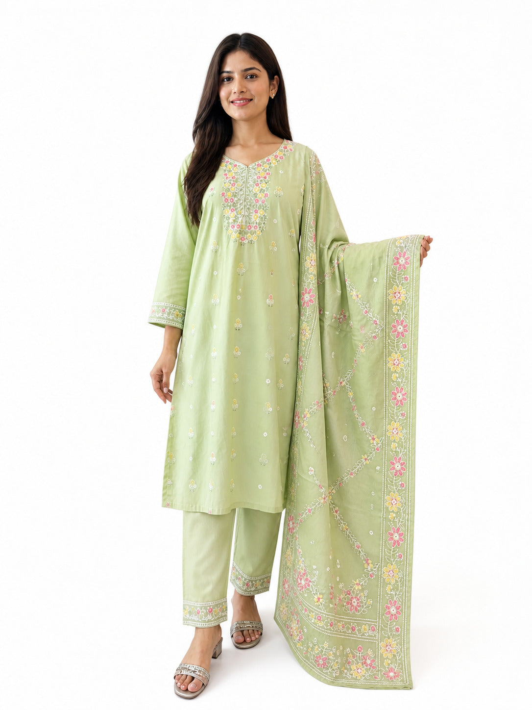 Pastel Green Embroidered Cotton Kurta Pant Set with Floral Dupatta for Women
