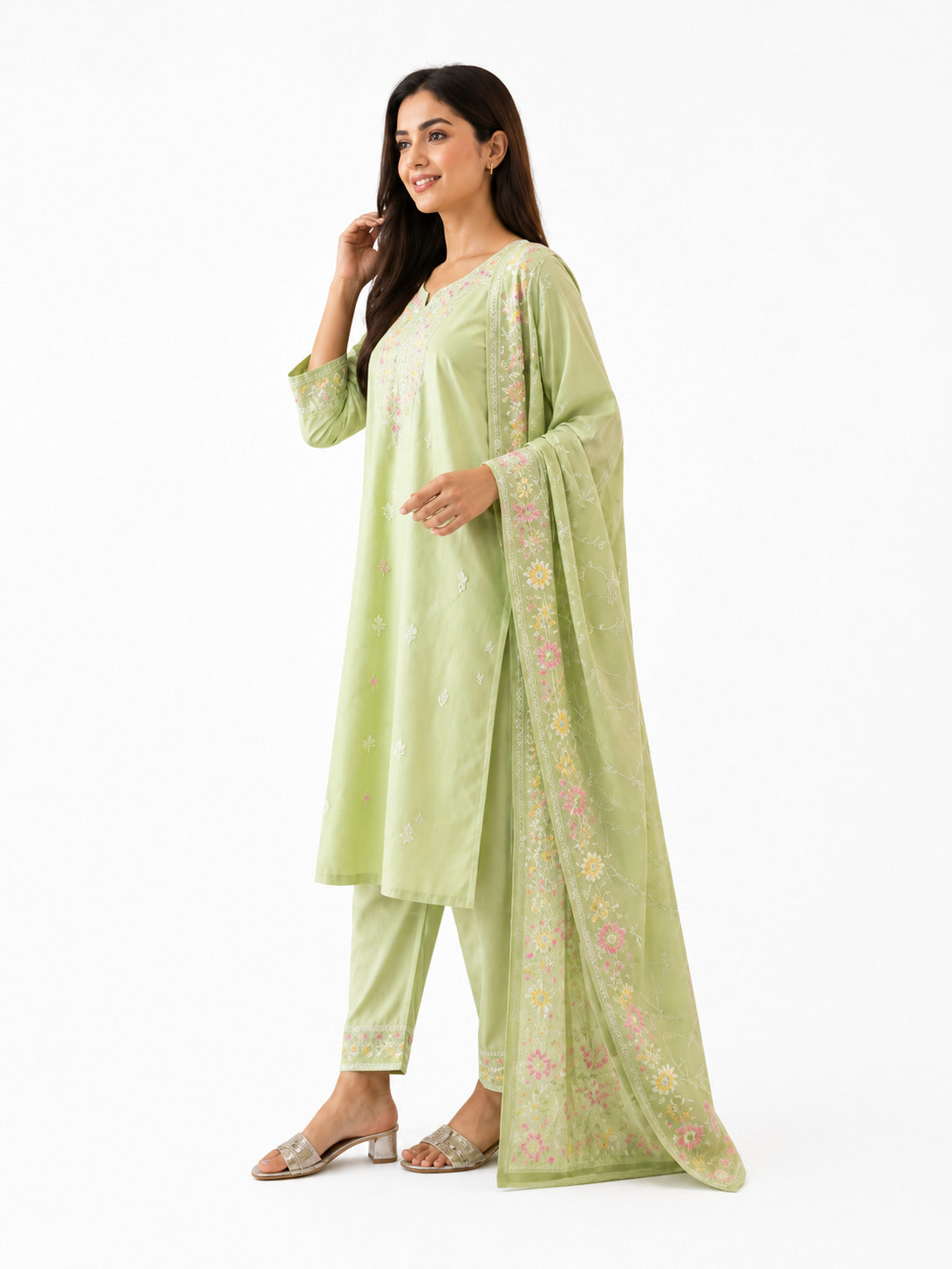 Pastel Green Embroidered Cotton Kurta Pant Set with Floral Dupatta for Women