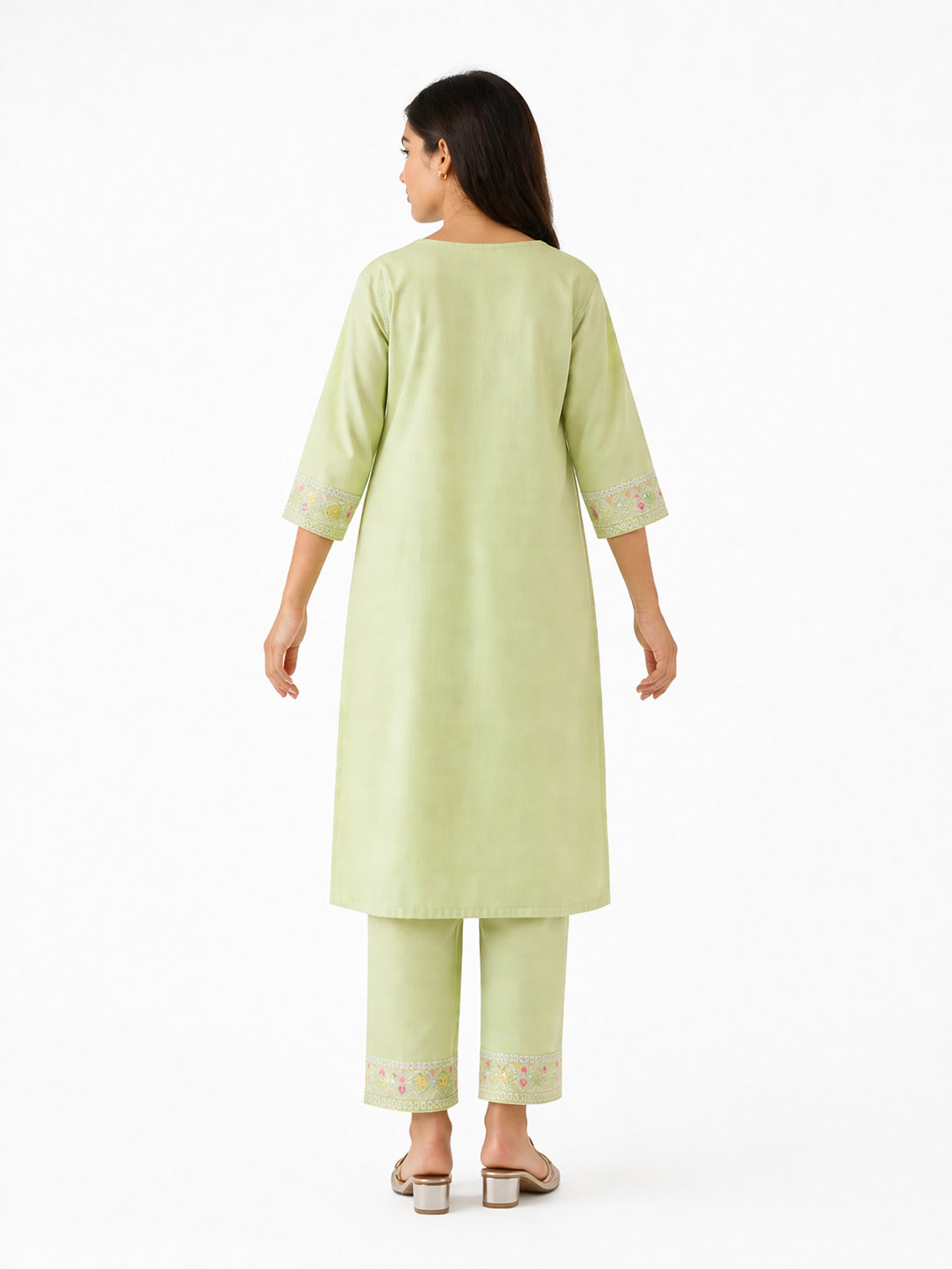 Pastel Green Embroidered Cotton Kurta Pant Set with Floral Dupatta for Women