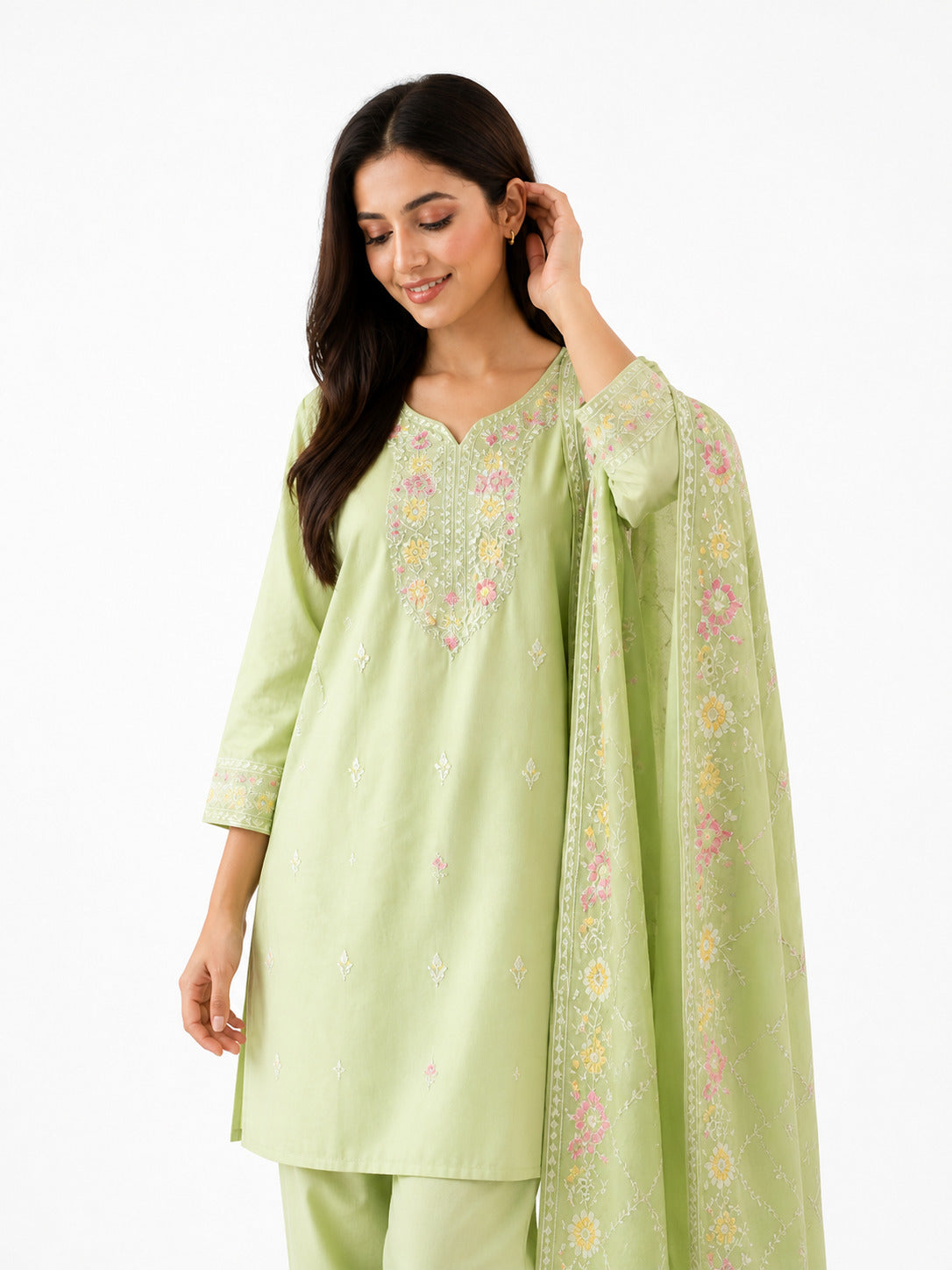 Pastel Green Embroidered Cotton Kurta Pant Set with Floral Dupatta for Women
