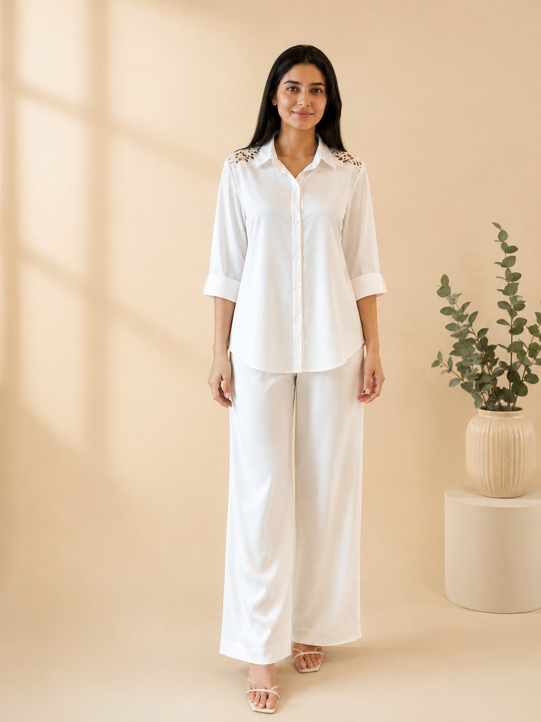 Women's White Lace Shoulder Shirt & Wide Leg Pants Co-Ord Set