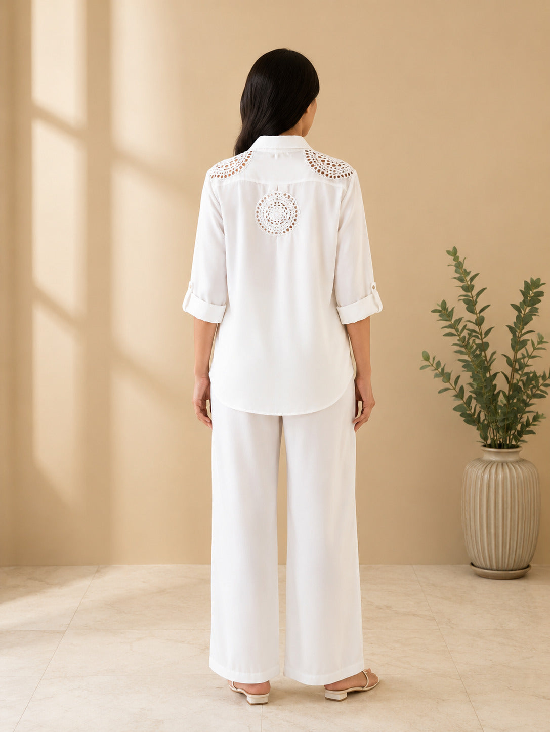 Women's White Lace Shoulder Shirt & Wide Leg Pants Co-Ord Set